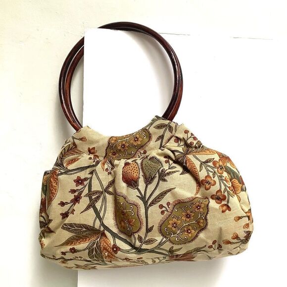 Handmade Fabric Bag Wooden Handle Euc - Picture 1 of 9